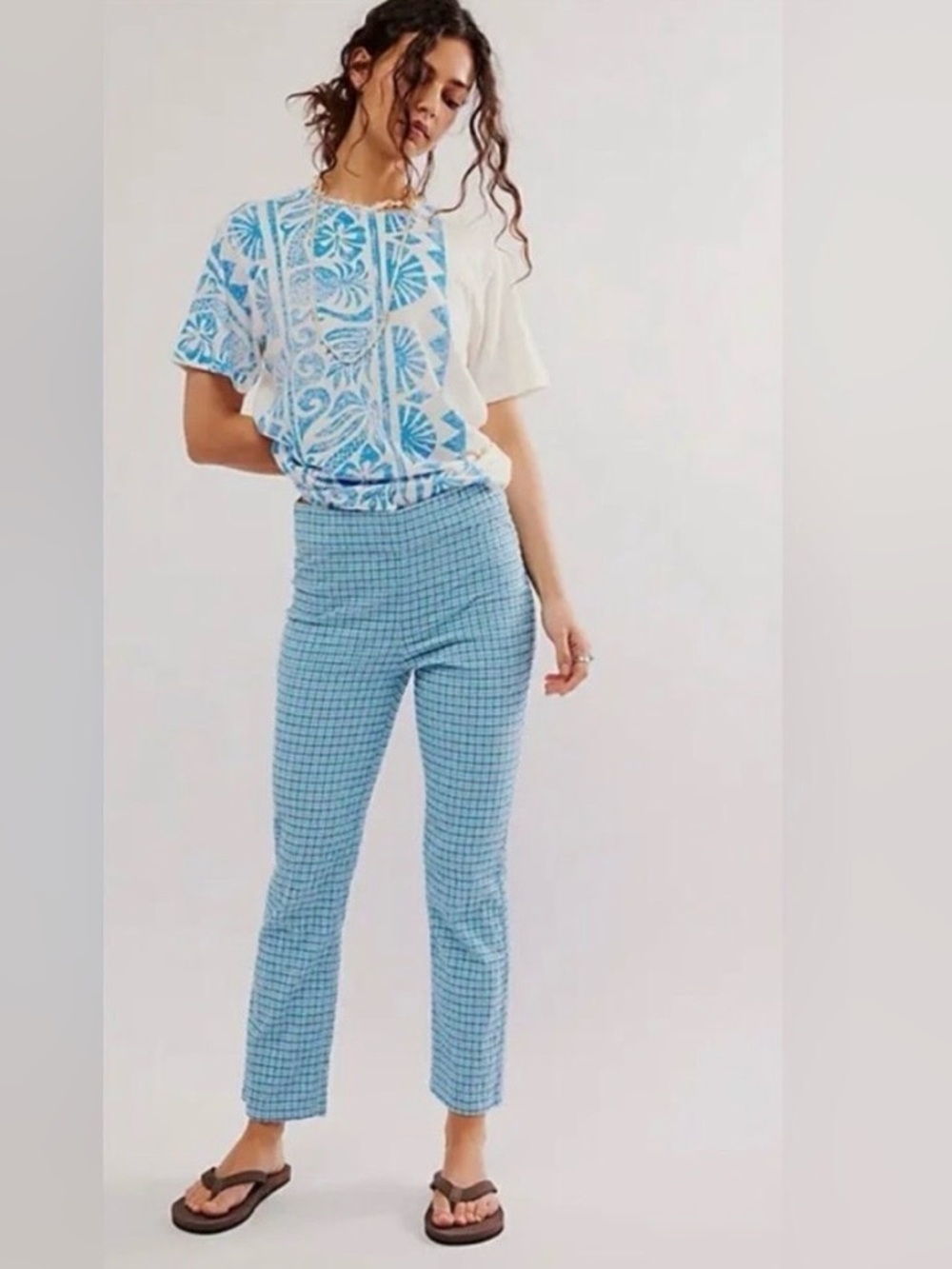 Ragabond Free People Tropical Blue and White Women's Short Sleeve Tee